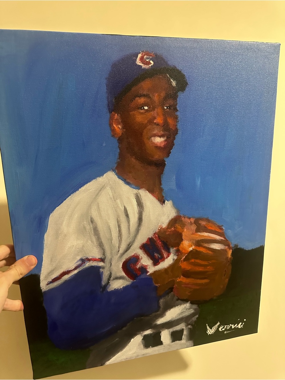 Ernie banks painting 16x20 Baseball Portrait Canvas - Signed by artist